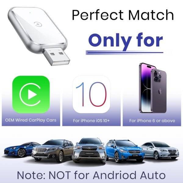 Mini Wireless Carplay Adapter For Iphone - Convert Wired To Wireless Carplay, Usb &Amp; Usb-C Extension Cable Included For Stable Control &Amp; No Delay - White