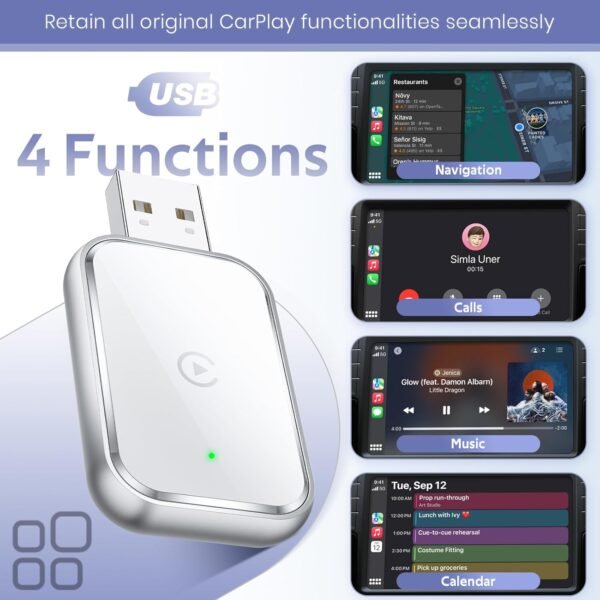 Mini Wireless Carplay Adapter For Iphone - Convert Wired To Wireless Carplay, Usb &Amp; Usb-C Extension Cable Included For Stable Control &Amp; No Delay - White