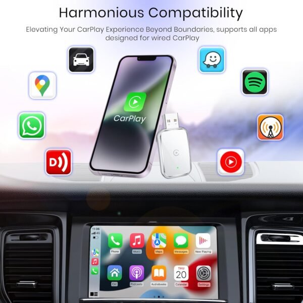 Mini Wireless Carplay Adapter For Iphone - Convert Wired To Wireless Carplay, Usb &Amp; Usb-C Extension Cable Included For Stable Control &Amp; No Delay - White
