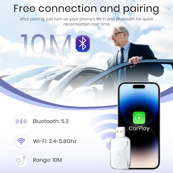 Mini Wireless Carplay Adapter For Iphone - Convert Wired To Wireless Carplay, Usb &Amp; Usb-C Extension Cable Included For Stable Control &Amp; No Delay - White
