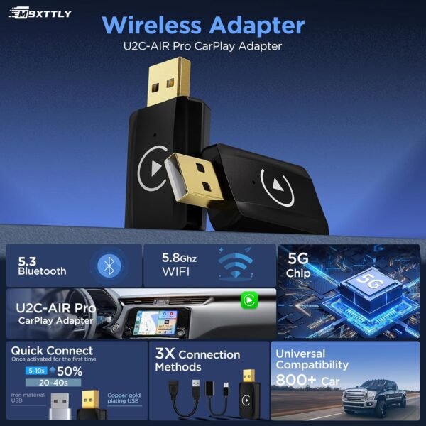 Msxttly Wireless Carplay Adapter Small Car Play Dongle Mini Carplay Wireless Adapter, Compatible For Apple Compatible For Iphone Ios 11+ For Oem Wired Car Model, Deep Space Black