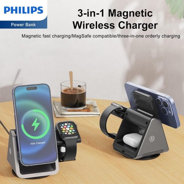 Philips 3 In 1 Wireless Charging Station Compatible With Magsafe Qi | Iphone Phones Charger| Iwatch | Airpods | Multiple Chargers | Bed Side Desktop 3X Devices Reliable Night...