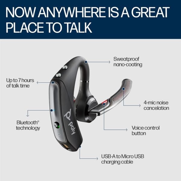 Plantronics - Voyager 5200 (Poly) - Bluetooth Over-The-Ear (Monaural) Headset - Compatible To Connect To Cell Phones - Noise Canceling, (Charger Not Included) Standard