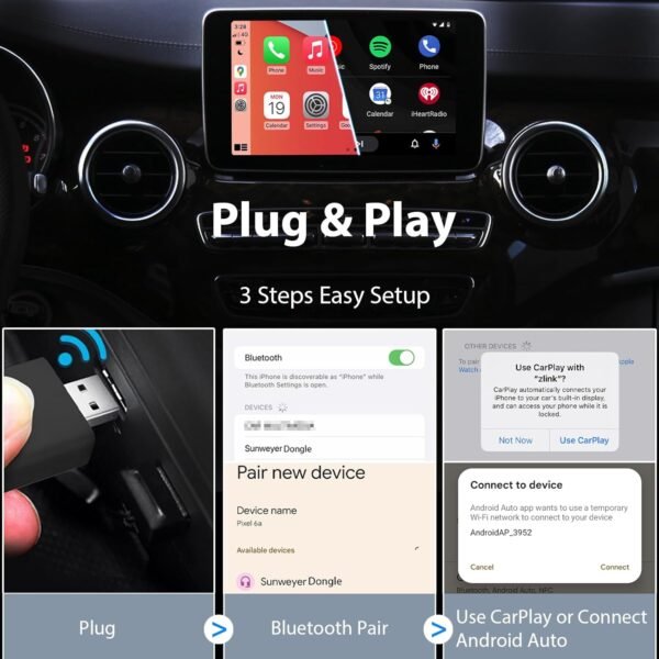 Sunweyer 2024 Latest Wireless Carplay &Amp; Android Auto Dongle 2 In 1 Auto Connect Box,Usb Type-C Port,Supports Online Updates Wired To Wireless Adapter…