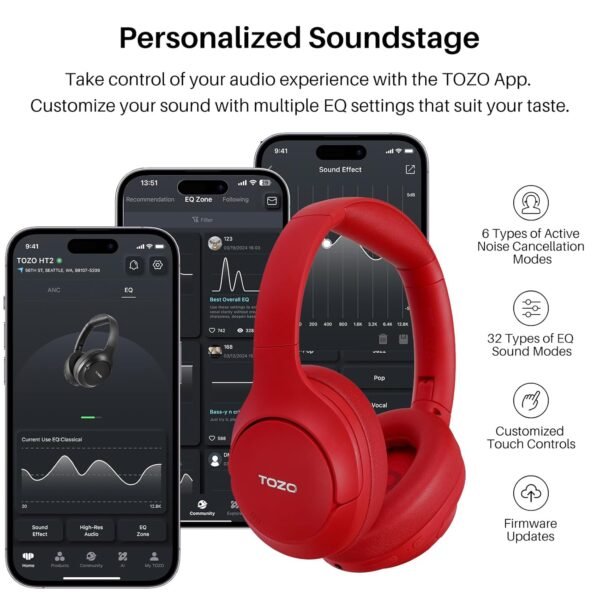 Tozo Ht2 Hybrid Active Noise Cancelling Wireless Headphones, 60H Playtime Lossless Audio Over Ear Bluetooth Headphones, Hi-Res Audio Deep Bass Foldable Lightweight Headset For...