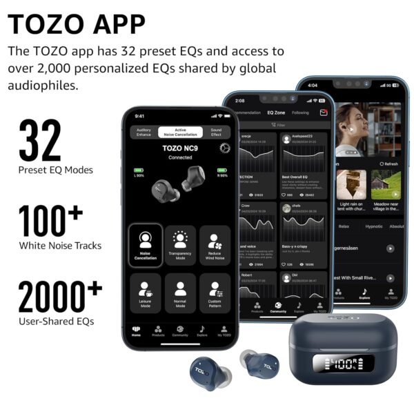 Tozo New Hybrid Active Noise Cancelling Wireless Earbuds, 6 Mics Enc Clear Call, Ipx8 Waterproof, In Ear Bluetooth 5.3 Headphones Stereo Bass Heasets 59H Playtime With Led...