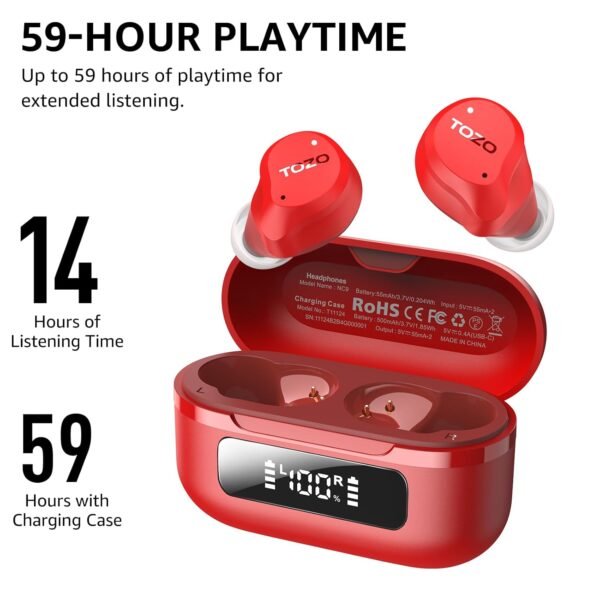 Tozo New Hybrid Active Noise Cancelling Wireless Earbuds, 6 Mics Enc Clear Call, Ipx8 Waterproof, In Ear Bluetooth 5.3 Headphones Stereo Bass Heasets 59H Playtime With Led...