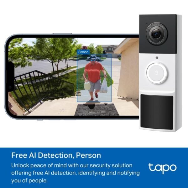 Tp-Link Tapo Smart Battery Video Doorbell, Home Security System, 2K, 160° Fov, Flexible, Head-To-Toe,Two-Way Video, Ai Detection, Color Night Vision,Ring Call, Anti-Theft...