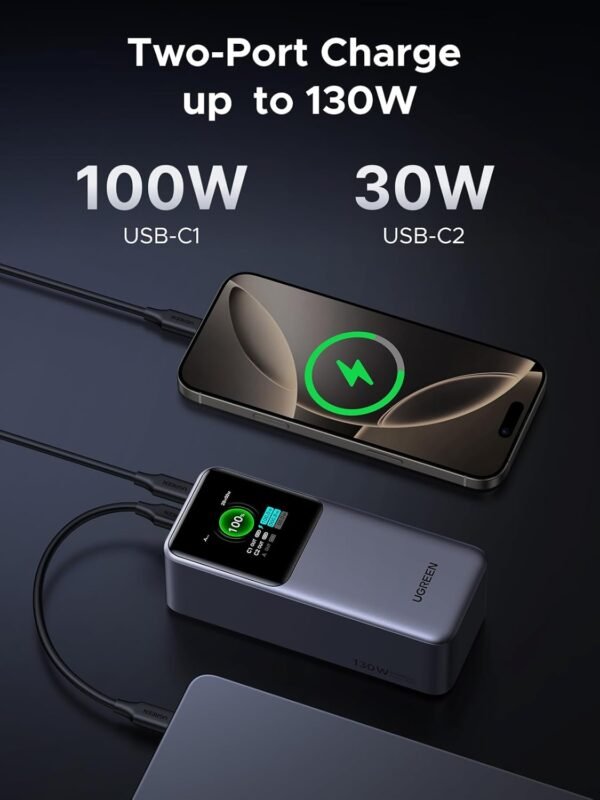 Ugreen 130W Nexode Power Bank 20000Mah Fast Charging 3-Port Usb C Laptop Portable Charger 72Wh Battery Pack Smart Tft Display For Macbook, Ipad, Iphone 16 Pro Max, Galaxy S24...