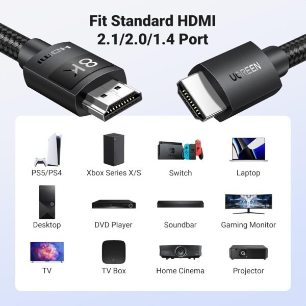 Ugreen 8K@60Hz Certified Hdmi 2.1 Cable 2M Ultra Speed 10K 60Hz 4K 240Hz Braided Cord Support 48Gbps Dynamic Hdr Earc Dolby Atmos Hdcp Compatible With Ps5 Ps4 Xbox Roku Tv Hdtv...