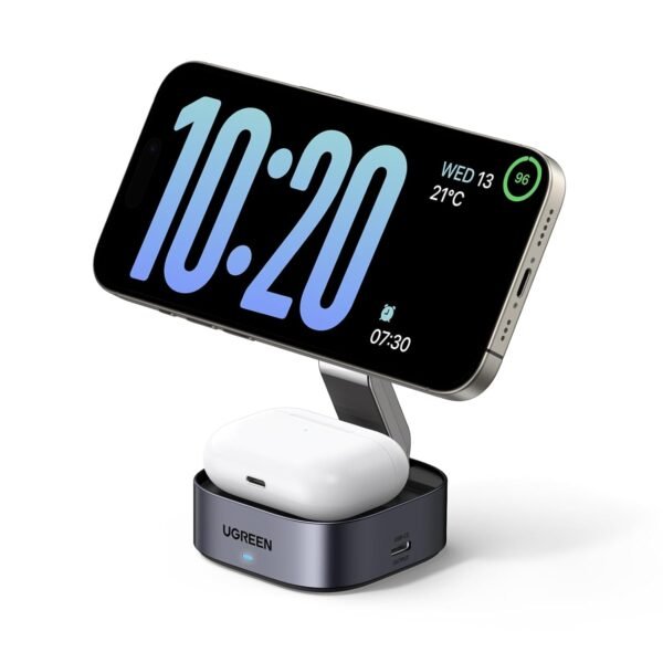 Ugreen Magflow Wireless Charger, 15W Fast Charge, 2 In 1 Magsafe Charging Stand, Portable Travel Essential, Compatible With Iphone 16/15/14/13/12 Series, Airpods 3/2/Pro (No Ac...