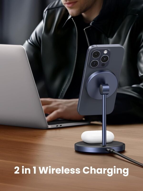 Ugreen Magflow Wireless Charger, 2-In-1 Qi Magsafe Charging Stand, With 1M Usb-C Cable For Iphone 16/15/14/13/12 Series And Airpods Series (No Ac Adapter)
