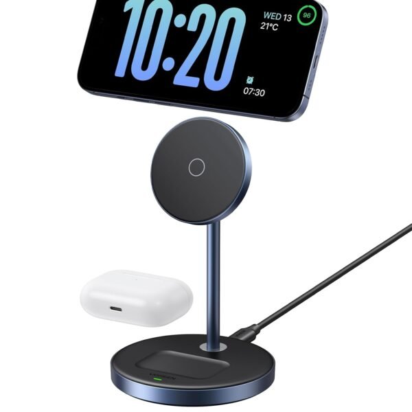 Ugreen Magflow Wireless Charger, 2-In-1 Qi Magsafe Charging Stand, With 1M Usb-C Cable For Iphone 16/15/14/13/12 Series And Airpods Series (No Ac Adapter)