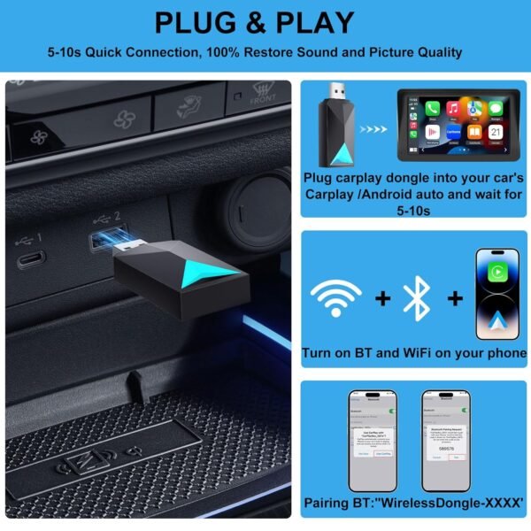 Wireless Carplay Adapter/Android Auto, 2 In 1 Wired To Wireless Carplay Dongle Fit For Factory Wired Carplay/Android Auto Cars 2016+, 5Ghz Wifi Low Latency Plug-Play Online...