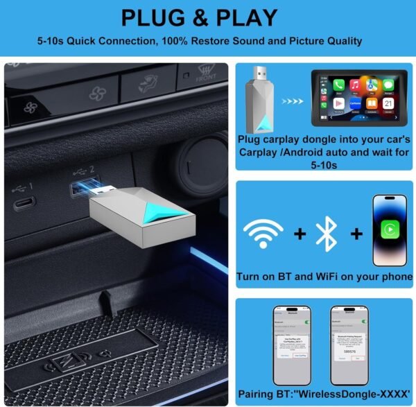 Wireless Carplay Adapter/Android Auto, 2 In 1 Wired To Wireless Carplay Dongle Fit For Factory Wired Carplay/Android Auto Cars 2016+, 5Ghz Wifi Low Latency Plug-Play Online...