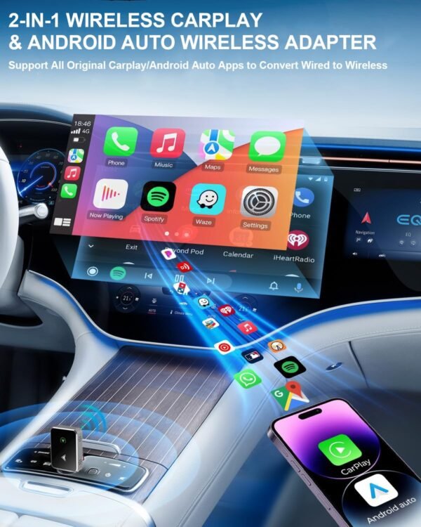 Wireless Carplay Adapter &Amp; Android Auto Wireless Adapter, 2 In 1 Carplay Dongle For Iphone/Android - Converts Wired To Wireless, Plug &Amp; Play Usb Car Play For Car From 2017+