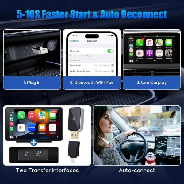 Wireless Carplay Adapter &Amp; Android Auto Wireless Adapter, Carplay Box For Oem Wired Carplay Android Auto Car, Plug &Amp; Play, Fast Connect, Mini Usb Dongle For Iphone Ios 10+/...