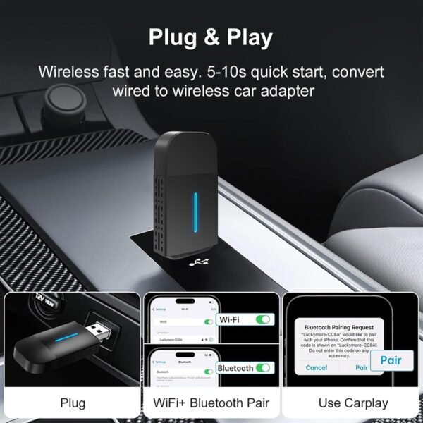 Wireless Carplay Adapter, Converts Wired Carplay To Mini Wireless Carplay Adapter For Iphone, For Cars Manufactured In 2015 And Later, Compatible With Apple Iphone Ios 10+...