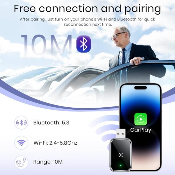 Wireless Carplay Adapter For Iphone - Converts Wired To Wireless Apple Carplay, Mini Size With Extension Cable Usb &Amp; Usb-C/Type-C, Stable Control, No Delay - Black