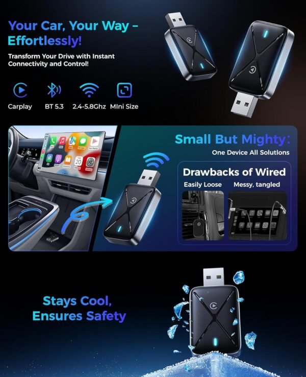 Wireless Carplay Adapter For Iphone, Mini Size For Apple Carplay Adapter, Convert Wired To Wireless With Extension Cable Usb &Amp; Usb-C/Type-C, Stable Control &Amp; No Delay, Black
