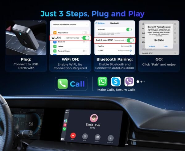 Wireless Carplay Adapter For Iphone, Mini Size For Apple Carplay Adapter, Convert Wired To Wireless With Extension Cable Usb &Amp; Usb-C/Type-C, Stable Control &Amp; No Delay, Black