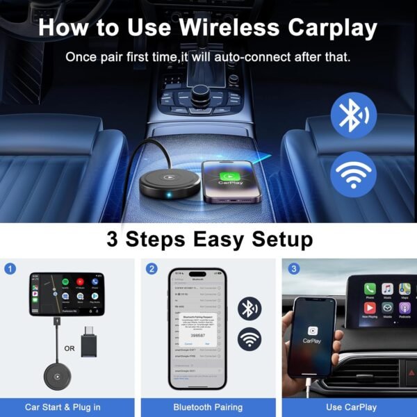 Wireless Carplay Adapter,Wireless Apple Carplay Converts Wired Carplay To Wireless Carplay Dongle,2024 Upgraded Apple Carplay Bluetooth Adapter Plug &Amp; Play,For Carplay Cars...