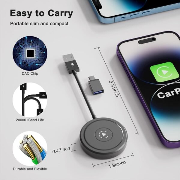 Wireless Carplay Adapter,Wireless Apple Carplay Converts Wired Carplay To Wireless Carplay Dongle,2024 Upgraded Apple Carplay Bluetooth Adapter Plug &Amp; Play,For Carplay Cars...