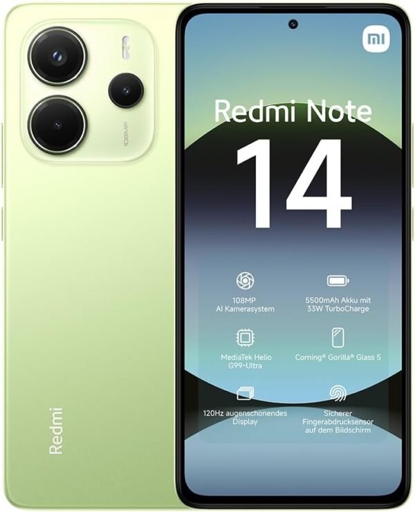 Xiaomi Redmi Note 14 Smartphone, 8+128Gb, Green, 108Mp Ai Camera System, 5500Mah Battery, 120Hz Eye-Care Display, Ai Features (Charger Not Included)