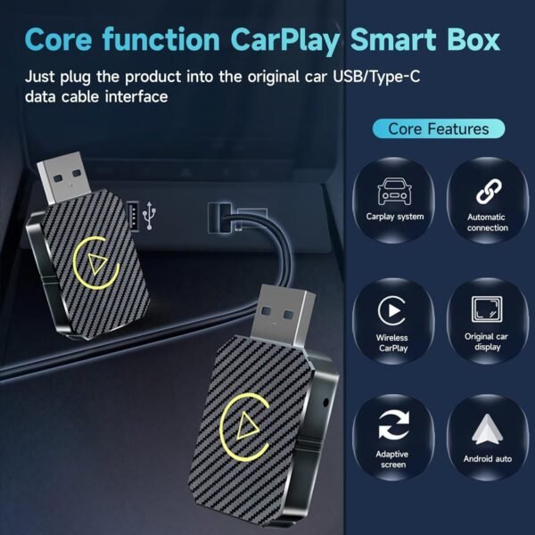 Zvcxoe Wireless Carplay Adapter For Iphone Ios 9+ And Android Auto, 2-In-1 Carplay Box For Wired Carplay Cars, Plug And Play, Mini Usb Adapter With Usb-C And Usb-A Cables, Black