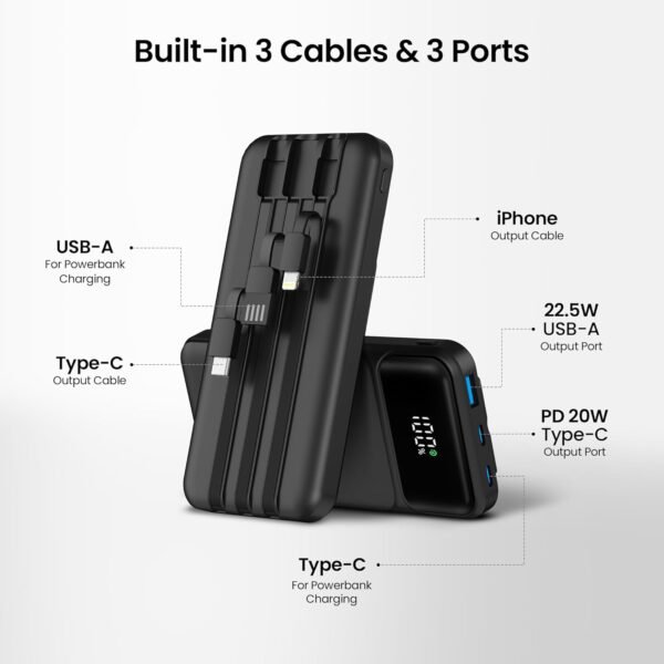 Zyron 20000Mah Power Bank, 22.5W Dual Usb-C Portable Charger, Fast Charging Pd3.0 Qc4.0, Led Display Battery Pack With Built In Cables, 20W Powerbank For Iphone, 18W S23/S22...